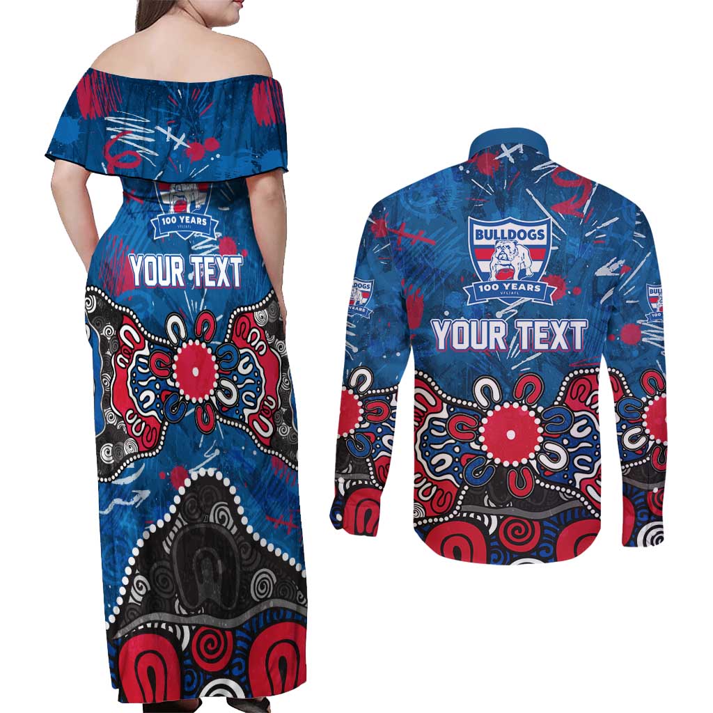 Personalized Western Bulldogs 100 Years Anniversary Couples Matching Off Shoulder Maxi Dress and Long Sleeve Button Shirt Aboriginal Dot Painting Graffiti Style