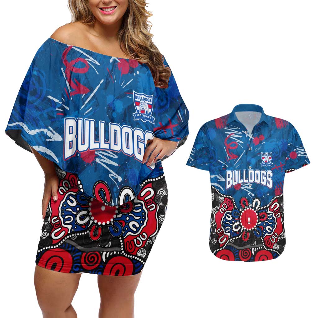 Personalized Western Bulldogs 100 Years Anniversary Couples Matching Off Shoulder Short Dress and Hawaiian Shirt Aboriginal Dot Painting Graffiti Style