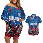 Personalized Western Bulldogs 100 Years Anniversary Couples Matching Off Shoulder Short Dress and Hawaiian Shirt Aboriginal Dot Painting Graffiti Style