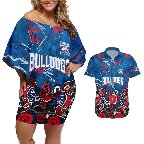 Personalized Western Bulldogs 100 Years Anniversary Couples Matching Off Shoulder Short Dress and Hawaiian Shirt Aboriginal Dot Painting Graffiti Style