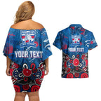Personalized Western Bulldogs 100 Years Anniversary Couples Matching Off Shoulder Short Dress and Hawaiian Shirt Aboriginal Dot Painting Graffiti Style