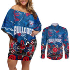 Personalized Western Bulldogs 100 Years Anniversary Couples Matching Off Shoulder Short Dress and Long Sleeve Button Shirt Aboriginal Dot Painting Graffiti Style