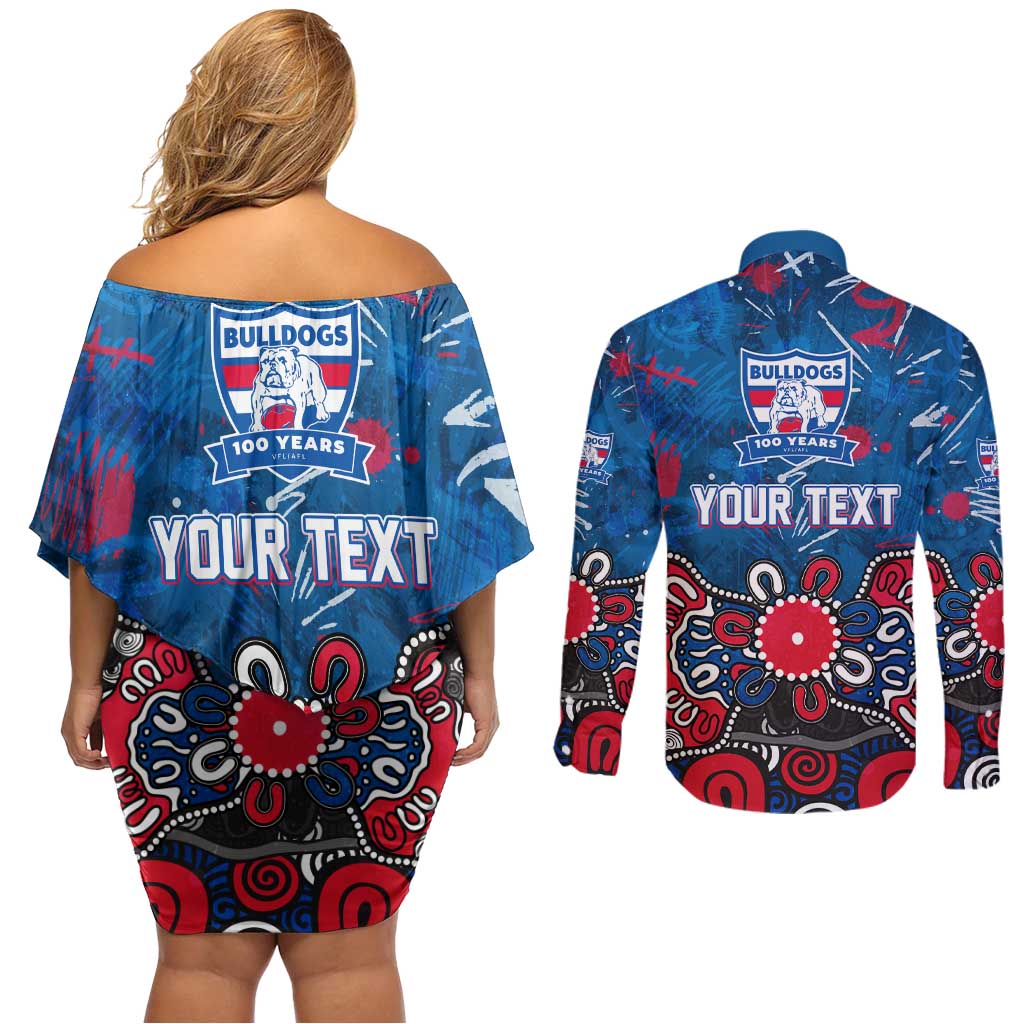 Personalized Western Bulldogs 100 Years Anniversary Couples Matching Off Shoulder Short Dress and Long Sleeve Button Shirt Aboriginal Dot Painting Graffiti Style