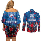 Personalized Western Bulldogs 100 Years Anniversary Couples Matching Off Shoulder Short Dress and Long Sleeve Button Shirt Aboriginal Dot Painting Graffiti Style
