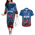 Personalized Western Bulldogs 100 Years Anniversary Couples Matching Off The Shoulder Long Sleeve Dress and Hawaiian Shirt Aboriginal Dot Painting Graffiti Style
