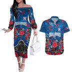 Personalized Western Bulldogs 100 Years Anniversary Couples Matching Off The Shoulder Long Sleeve Dress and Hawaiian Shirt Aboriginal Dot Painting Graffiti Style
