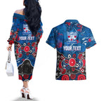 Personalized Western Bulldogs 100 Years Anniversary Couples Matching Off The Shoulder Long Sleeve Dress and Hawaiian Shirt Aboriginal Dot Painting Graffiti Style
