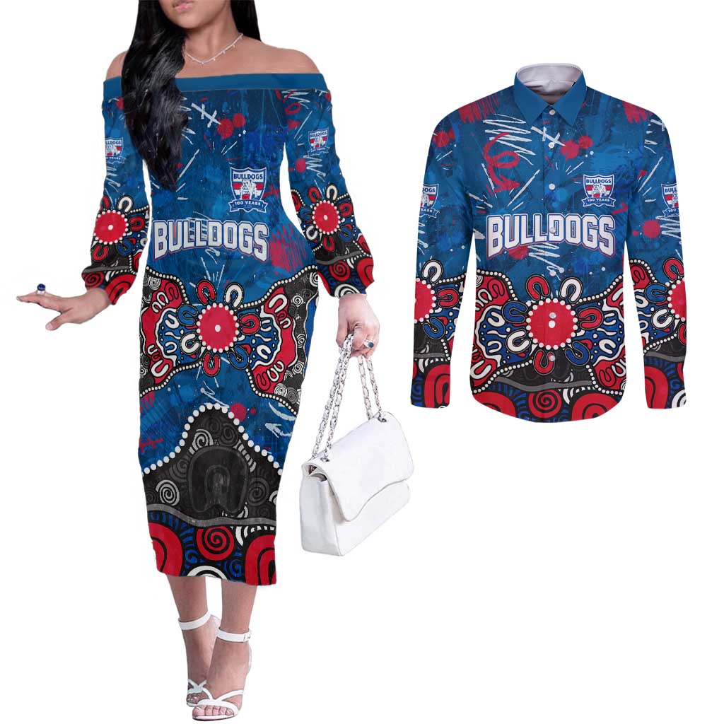 Personalized Western Bulldogs 100 Years Anniversary Couples Matching Off The Shoulder Long Sleeve Dress and Long Sleeve Button Shirt Aboriginal Dot Painting Graffiti Style