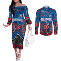 Personalized Western Bulldogs 100 Years Anniversary Couples Matching Off The Shoulder Long Sleeve Dress and Long Sleeve Button Shirt Aboriginal Dot Painting Graffiti Style
