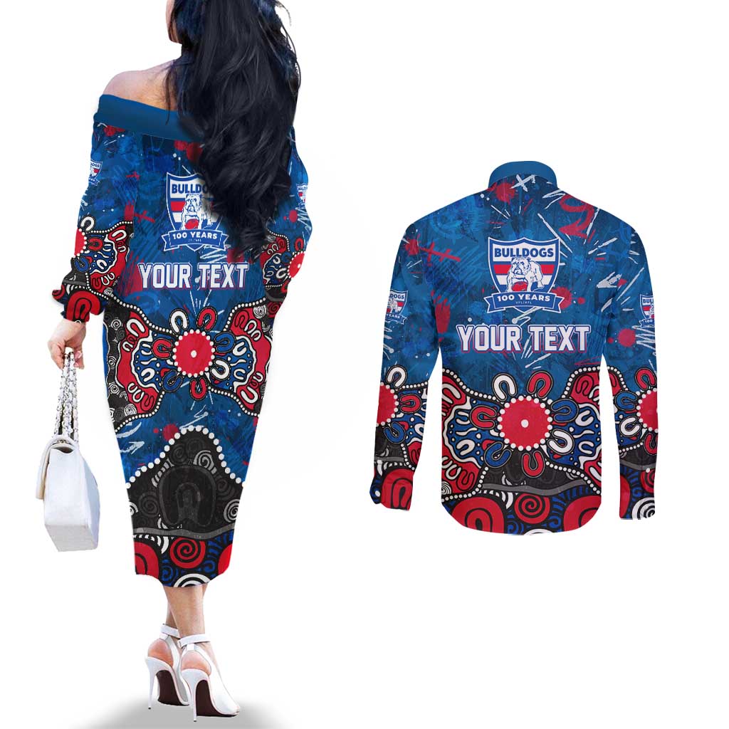Personalized Western Bulldogs 100 Years Anniversary Couples Matching Off The Shoulder Long Sleeve Dress and Long Sleeve Button Shirt Aboriginal Dot Painting Graffiti Style