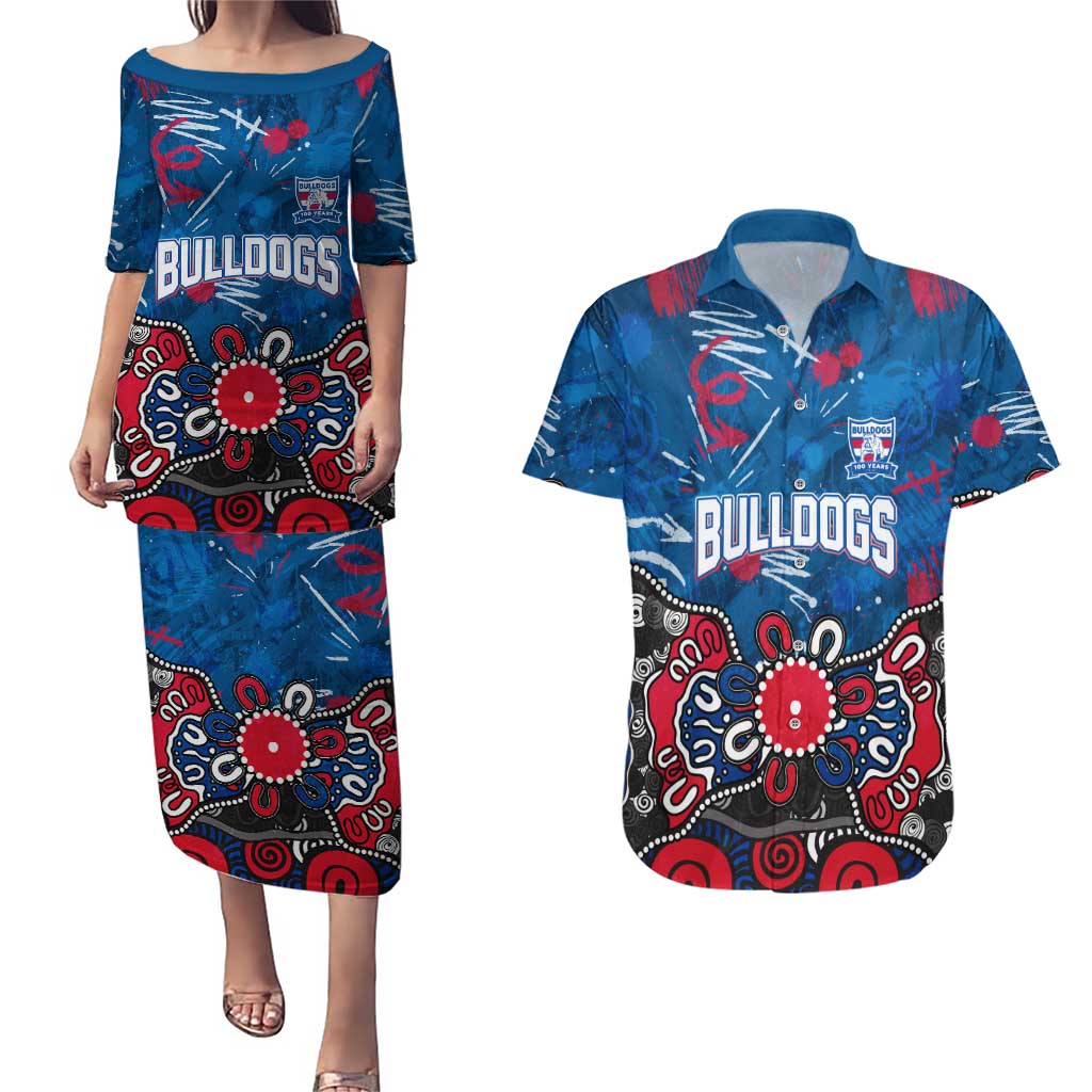 Personalized Western Bulldogs 100 Years Anniversary Couples Matching Puletasi and Hawaiian Shirt Aboriginal Dot Painting Graffiti Style