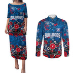 Personalized Western Bulldogs 100 Years Anniversary Couples Matching Puletasi and Long Sleeve Button Shirt Aboriginal Dot Painting Graffiti Style