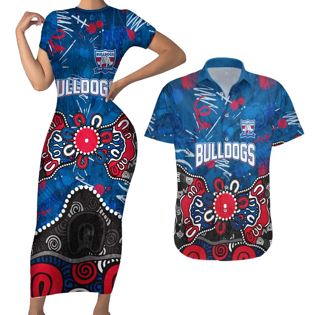 Personalized Western Bulldogs 100 Years Anniversary Couples Matching Short Sleeve Bodycon Dress and Hawaiian Shirt Aboriginal Dot Painting Graffiti Style