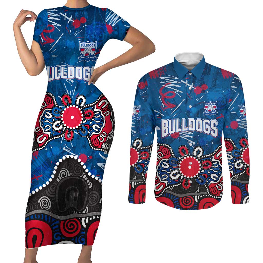 Personalized Western Bulldogs 100 Years Anniversary Couples Matching Short Sleeve Bodycon Dress and Long Sleeve Button Shirt Aboriginal Dot Painting Graffiti Style