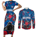 Personalized Western Bulldogs 100 Years Anniversary Couples Matching Short Sleeve Bodycon Dress and Long Sleeve Button Shirt Aboriginal Dot Painting Graffiti Style