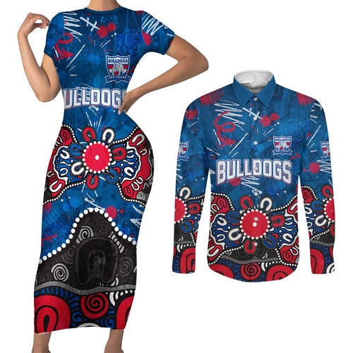 Personalized Western Bulldogs 100 Years Anniversary Couples Matching Short Sleeve Bodycon Dress and Long Sleeve Button Shirt Aboriginal Dot Painting Graffiti Style