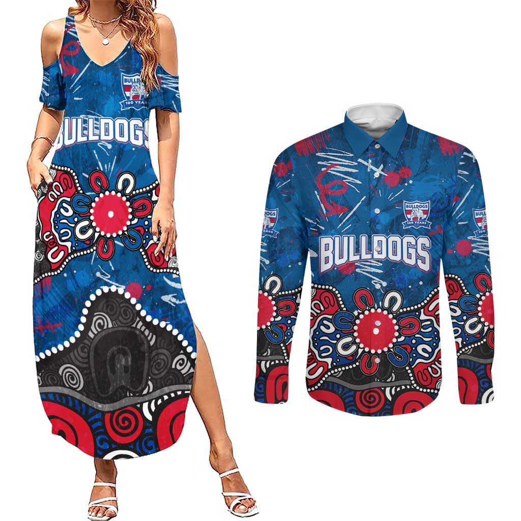 Personalized Western Bulldogs 100 Years Anniversary Couples Matching Summer Maxi Dress and Long Sleeve Button Shirt Aboriginal Dot Painting Graffiti Style