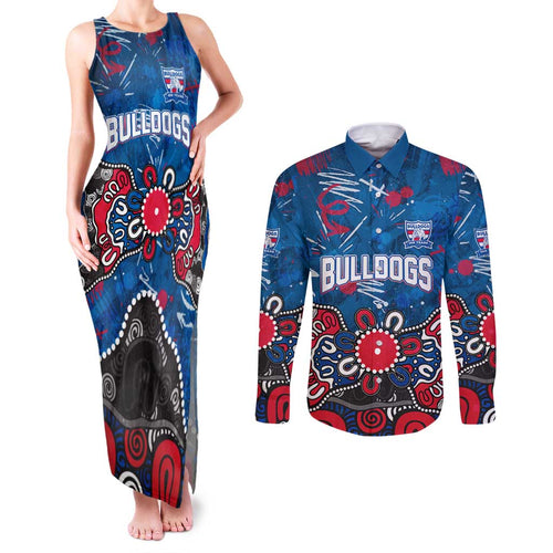 Personalized Western Bulldogs 100 Years Anniversary Couples Matching Tank Maxi Dress and Long Sleeve Button Shirt Aboriginal Dot Painting Graffiti Style