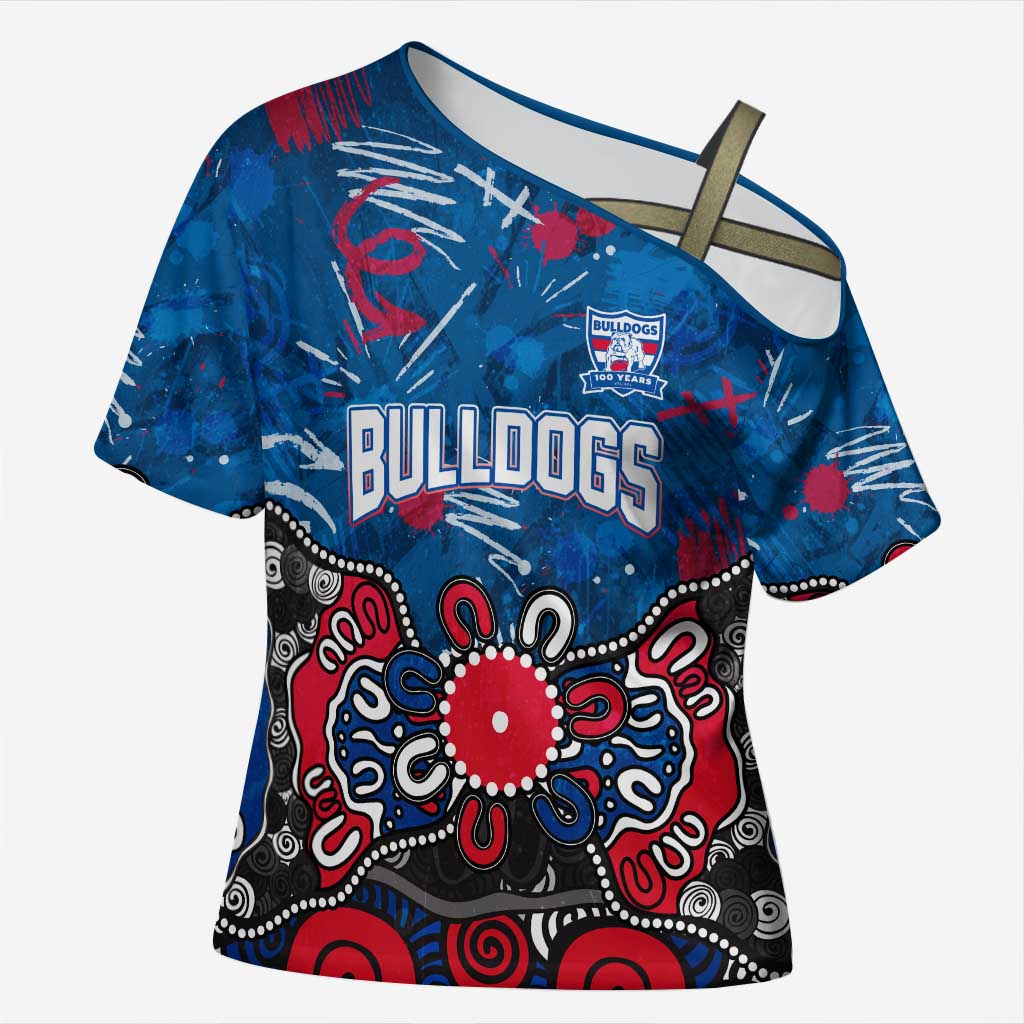 Personalized Western Bulldogs 100 Years Anniversary Cross Shoulder Shirt Aboriginal Dot Painting Graffiti Style