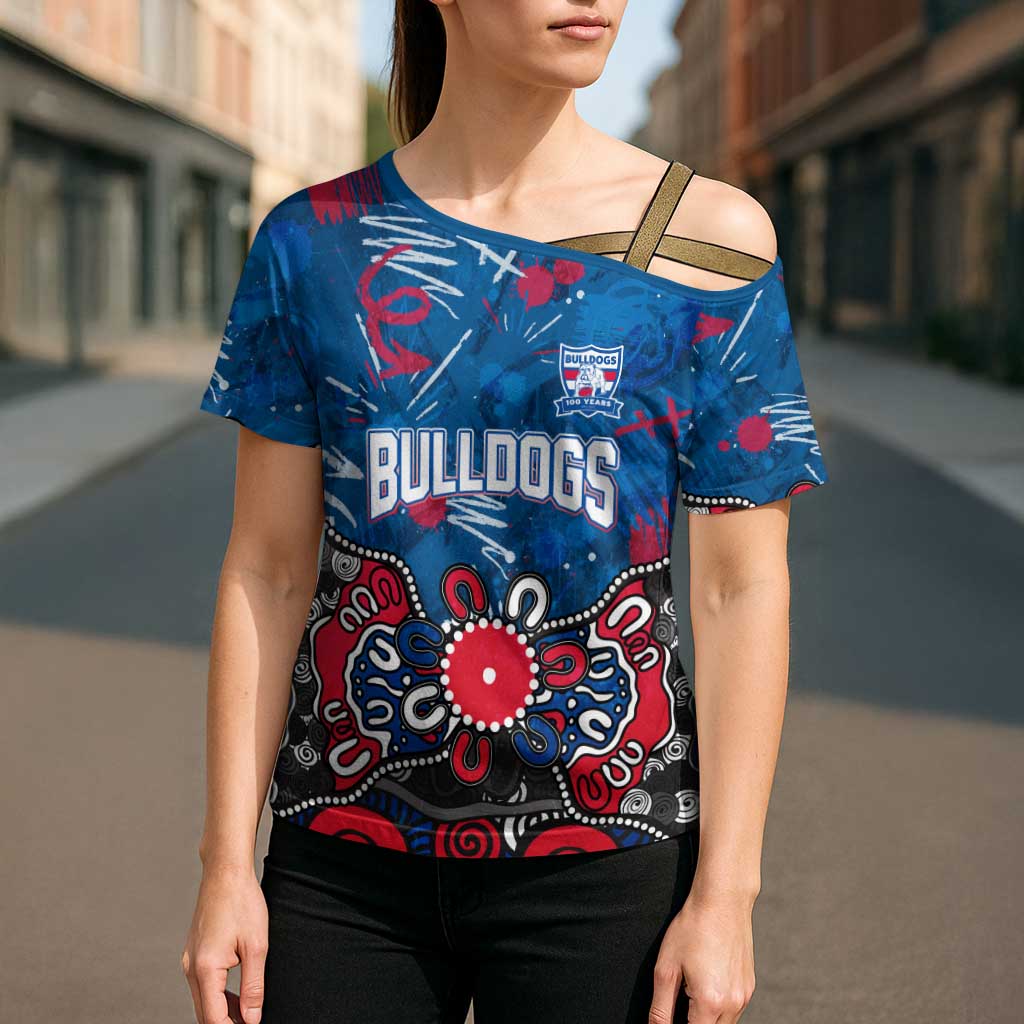 Personalized Western Bulldogs 100 Years Anniversary Cross Shoulder Shirt Aboriginal Dot Painting Graffiti Style