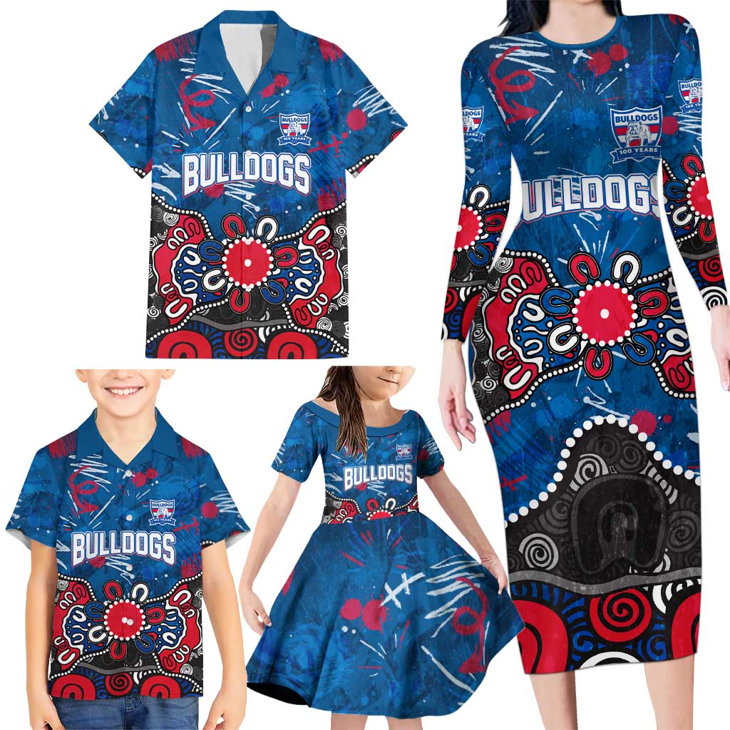 Personalized Western Bulldogs 100 Years Anniversary Family Matching Long Sleeve Bodycon Dress and Hawaiian Shirt Aboriginal Dot Painting Graffiti Style