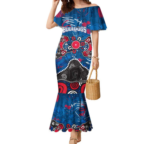 Personalized Western Bulldogs 100 Years Anniversary Family Matching Mermaid Dress and Hawaiian Shirt Aboriginal Dot Painting Graffiti Style