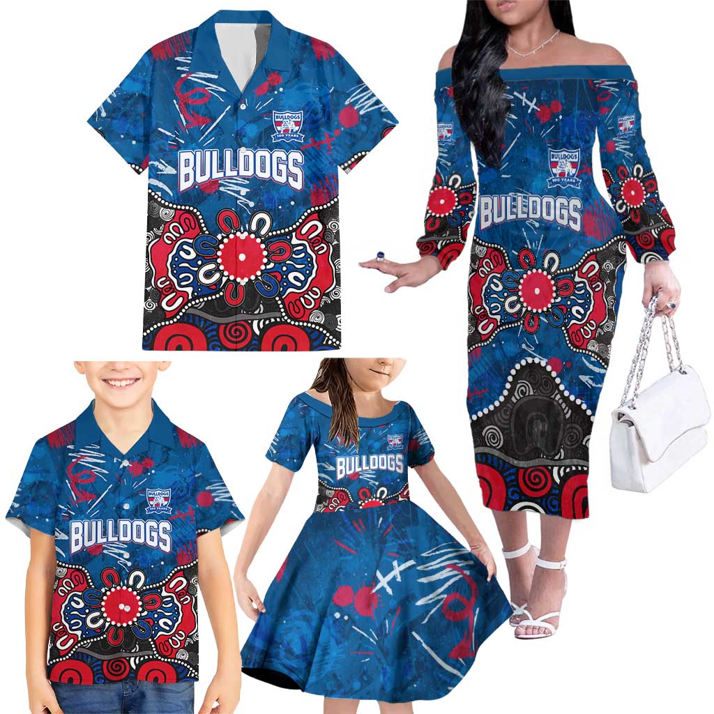Personalized Western Bulldogs 100 Years Anniversary Family Matching Off The Shoulder Long Sleeve Dress and Hawaiian Shirt Aboriginal Dot Painting Graffiti Style