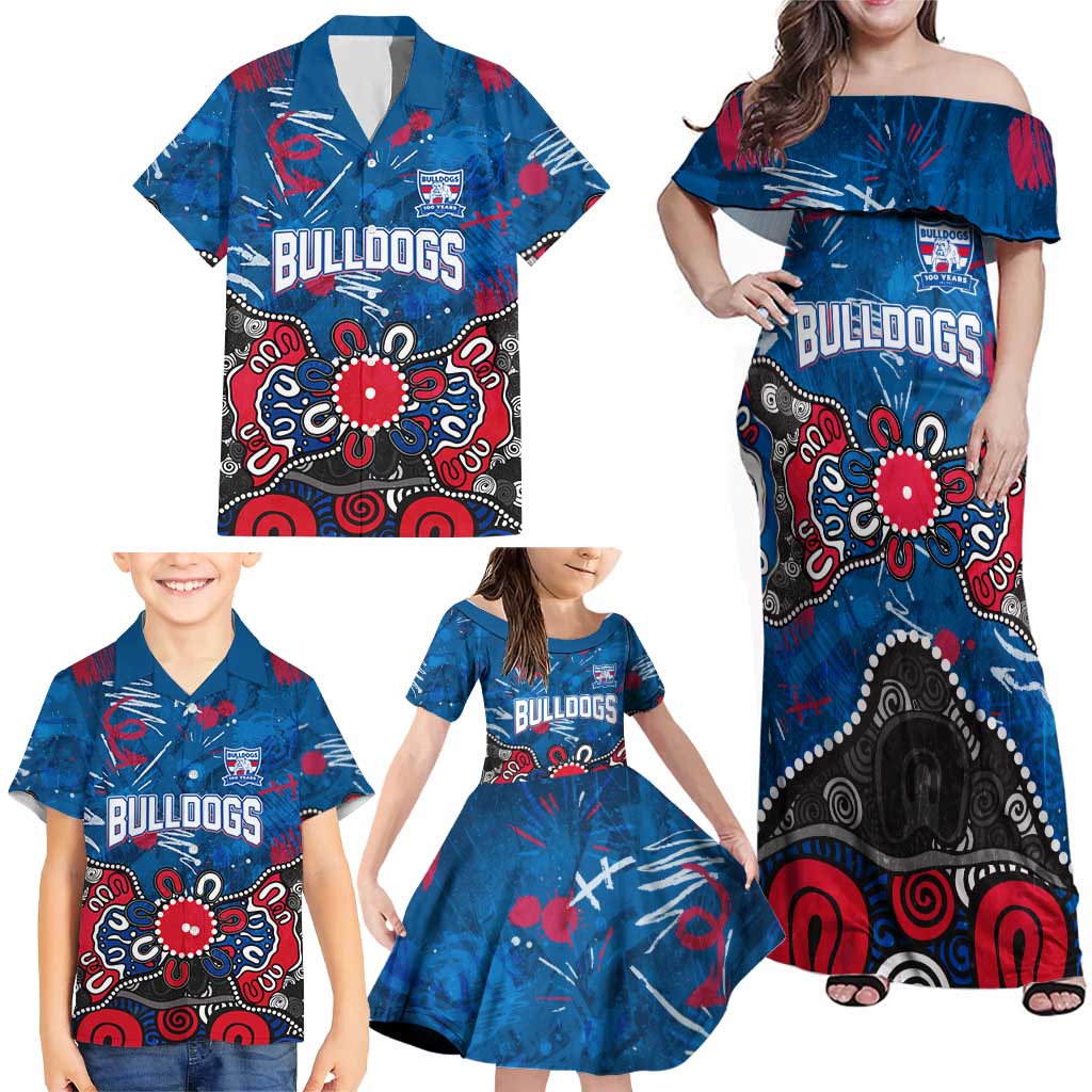 Personalized Western Bulldogs 100 Years Anniversary Family Matching Off Shoulder Maxi Dress and Hawaiian Shirt Aboriginal Dot Painting Graffiti Style