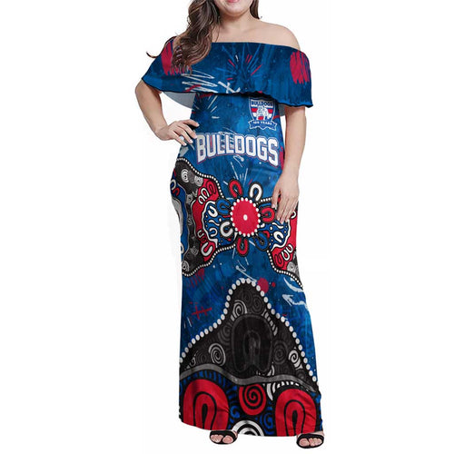 Personalized Western Bulldogs 100 Years Anniversary Family Matching Off Shoulder Maxi Dress and Hawaiian Shirt Aboriginal Dot Painting Graffiti Style