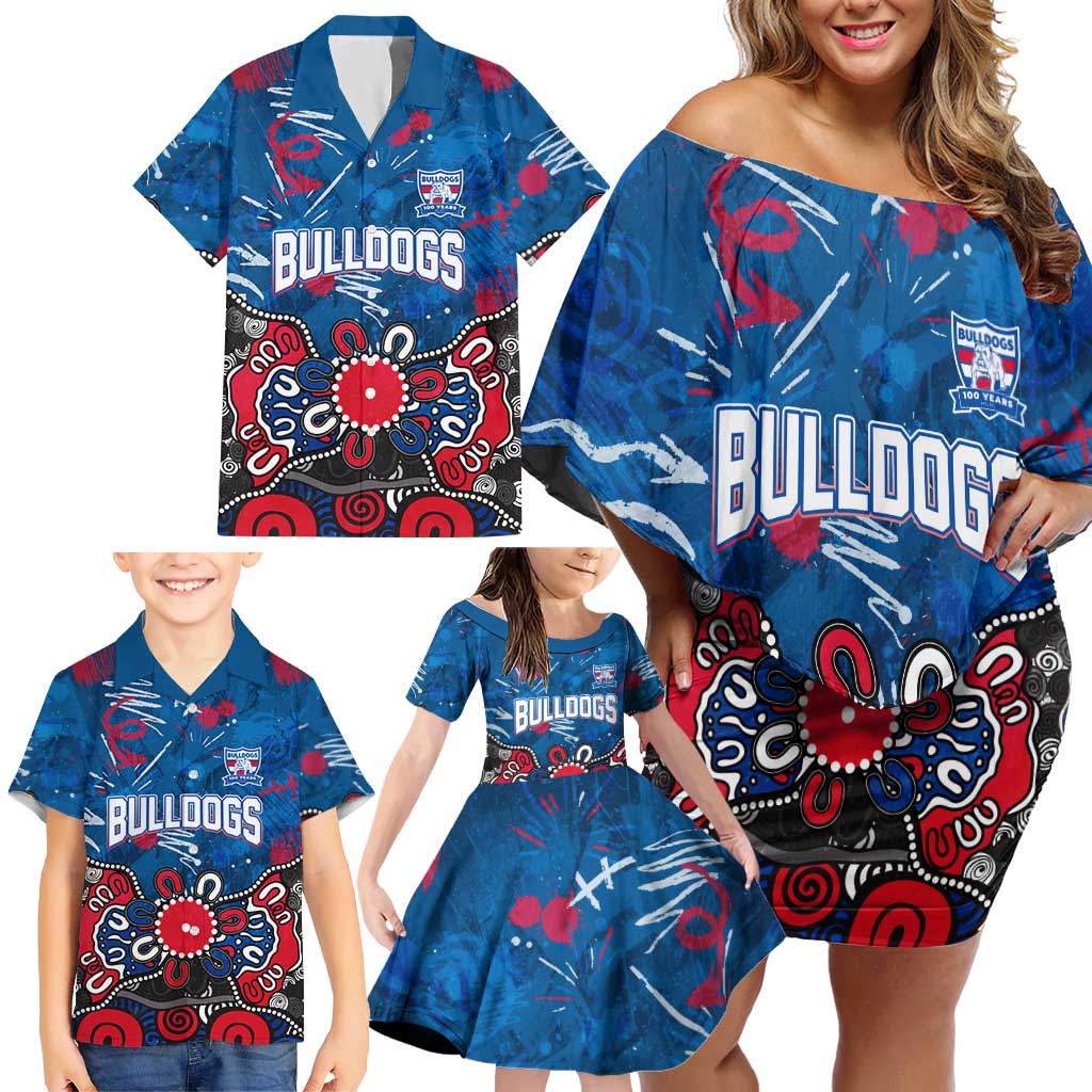 Personalized Western Bulldogs 100 Years Anniversary Family Matching Off Shoulder Short Dress and Hawaiian Shirt Aboriginal Dot Painting Graffiti Style