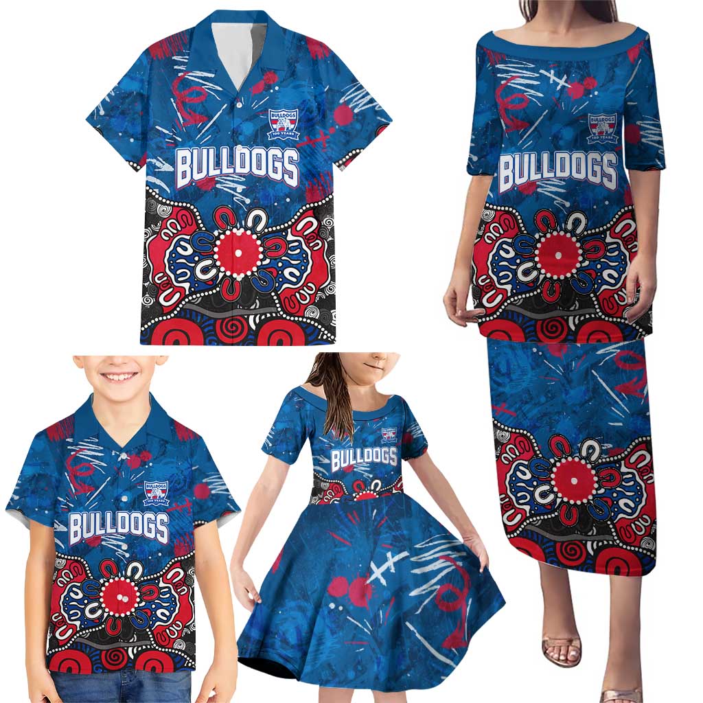 Personalized Western Bulldogs 100 Years Anniversary Family Matching Puletasi and Hawaiian Shirt Aboriginal Dot Painting Graffiti Style