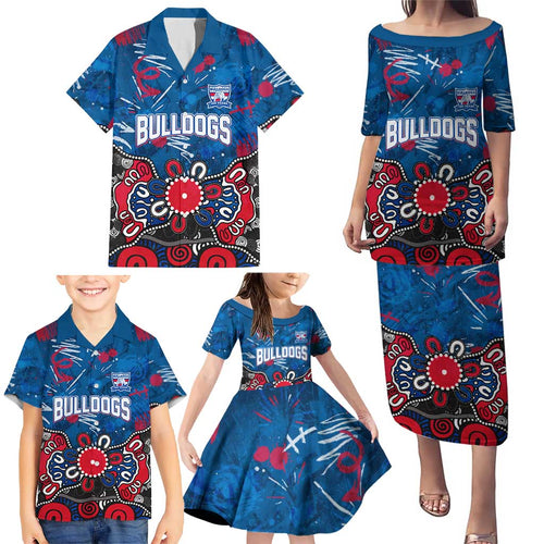Personalized Western Bulldogs 100 Years Anniversary Family Matching Puletasi and Hawaiian Shirt Aboriginal Dot Painting Graffiti Style