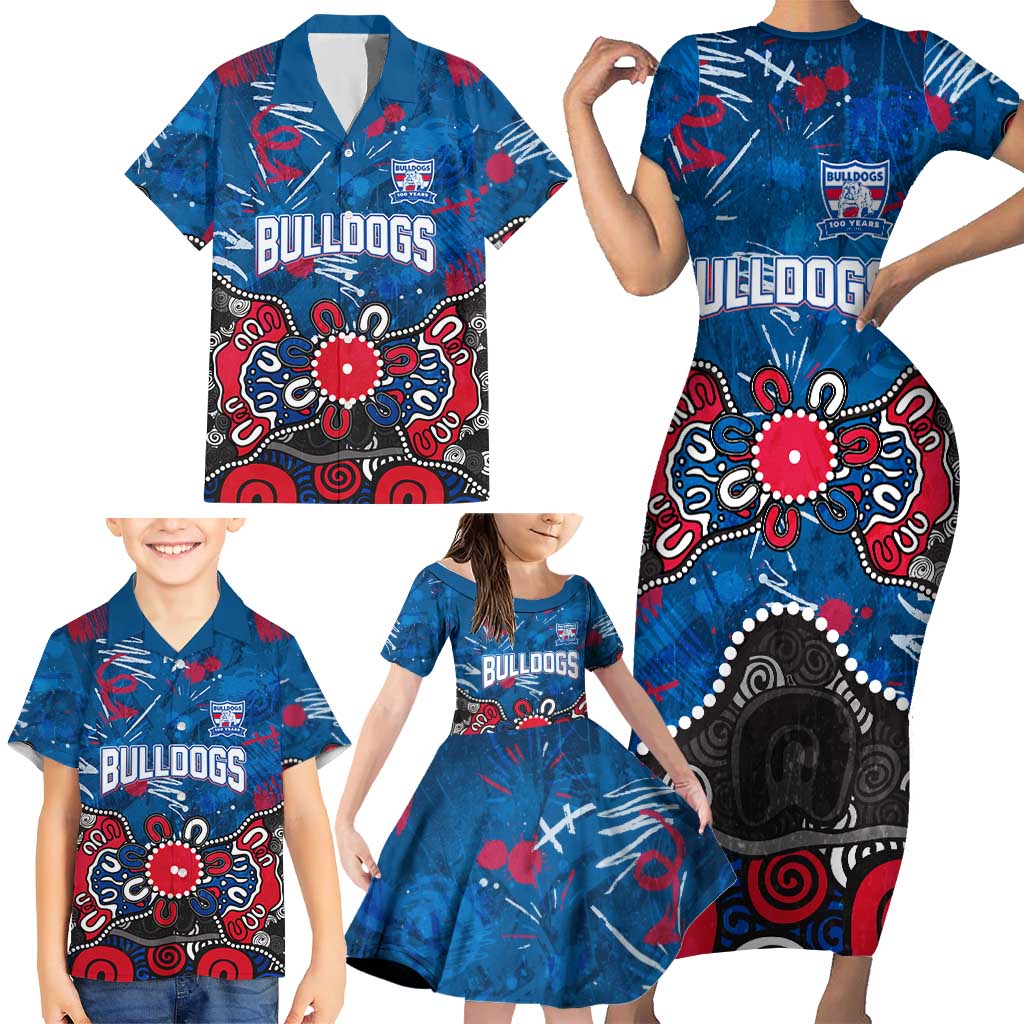 Personalized Western Bulldogs 100 Years Anniversary Family Matching Short Sleeve Bodycon Dress and Hawaiian Shirt Aboriginal Dot Painting Graffiti Style