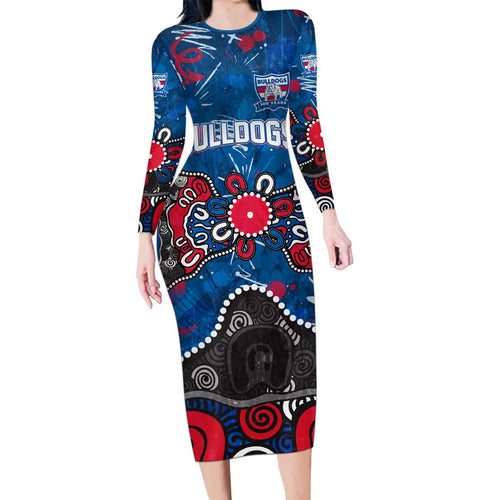 Personalized Western Bulldogs 100 Years Anniversary Long Sleeve Bodycon Dress Aboriginal Dot Painting Graffiti Style