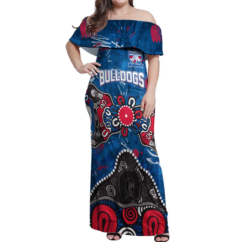 Personalized Western Bulldogs 100 Years Anniversary Off Shoulder Maxi Dress Aboriginal Dot Painting Graffiti Style