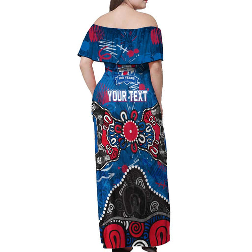 Personalized Western Bulldogs 100 Years Anniversary Off Shoulder Maxi Dress Aboriginal Dot Painting Graffiti Style