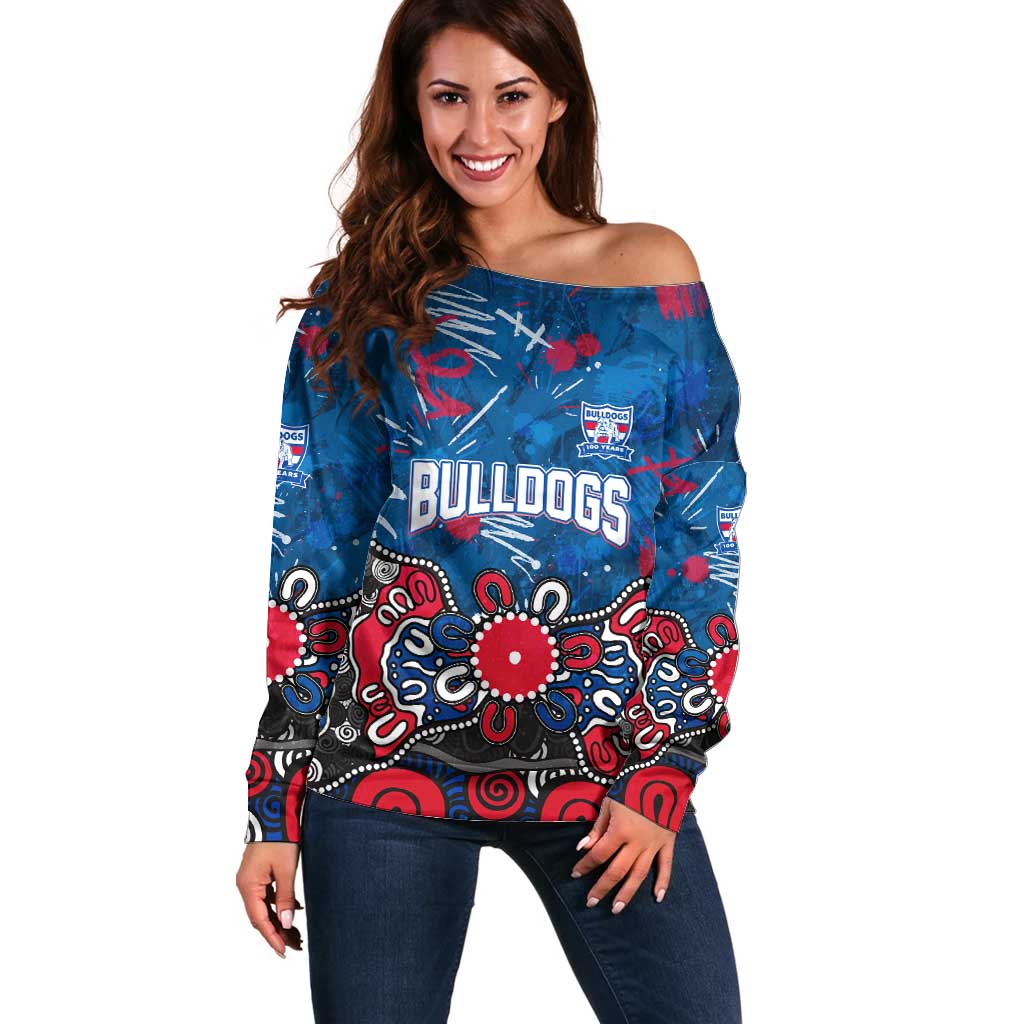 Personalized Western Bulldogs 100 Years Anniversary Off Shoulder Sweater Aboriginal Dot Painting Graffiti Style