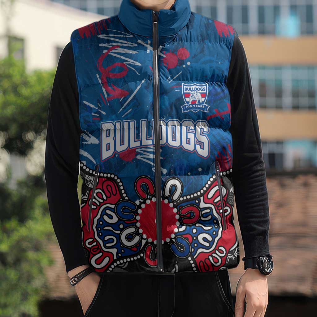 Personalized Western Bulldogs 100 Years Anniversary Sleeveless Puffer Jacket Aboriginal Dot Painting Graffiti Style