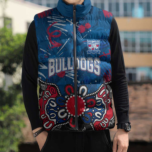 Personalized Western Bulldogs 100 Years Anniversary Sleeveless Puffer Jacket Aboriginal Dot Painting Graffiti Style
