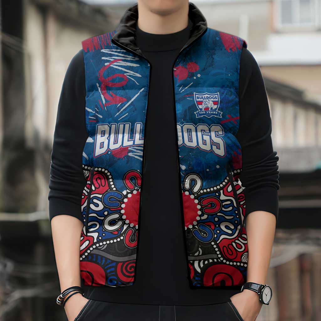 Personalized Western Bulldogs 100 Years Anniversary Sleeveless Puffer Jacket Aboriginal Dot Painting Graffiti Style