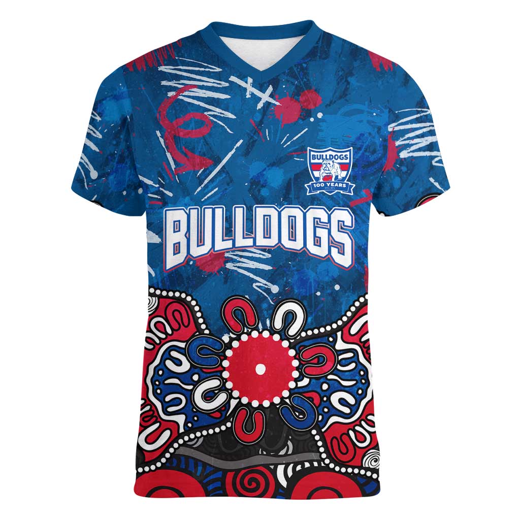 Personalized Western Bulldogs 100 Years Anniversary Women V-Neck T-Shirt Aboriginal Dot Painting Graffiti Style