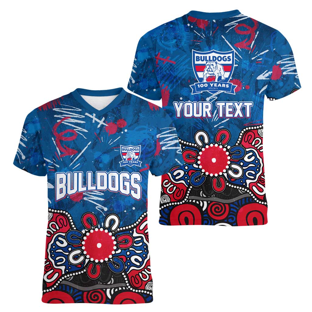 Personalized Western Bulldogs 100 Years Anniversary Women V-Neck T-Shirt Aboriginal Dot Painting Graffiti Style