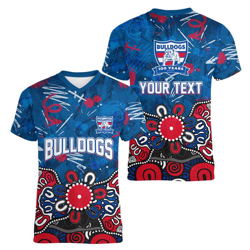 Personalized Western Bulldogs 100 Years Anniversary Women V-Neck T-Shirt Aboriginal Dot Painting Graffiti Style