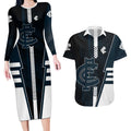 Personalized Carlton Blues Couples Matching Long Sleeve Bodycon Dress and Hawaiian Shirt Modern Geometric Sports Graphic Style