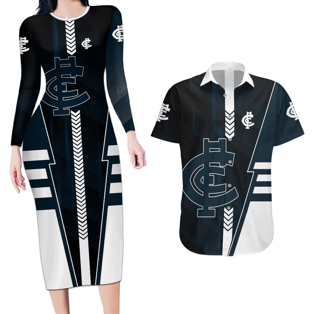 Personalized Carlton Blues Couples Matching Long Sleeve Bodycon Dress and Hawaiian Shirt Modern Geometric Sports Graphic Style