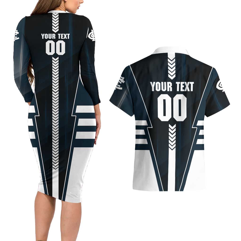 Personalized Carlton Blues Couples Matching Long Sleeve Bodycon Dress and Hawaiian Shirt Modern Geometric Sports Graphic Style