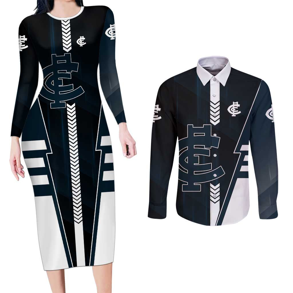 Personalized Carlton Blues Couples Matching Long Sleeve Bodycon Dress and Long Sleeve Button Shirt Modern Geometric Sports Graphic Style