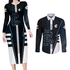 Personalized Carlton Blues Couples Matching Long Sleeve Bodycon Dress and Long Sleeve Button Shirt Modern Geometric Sports Graphic Style
