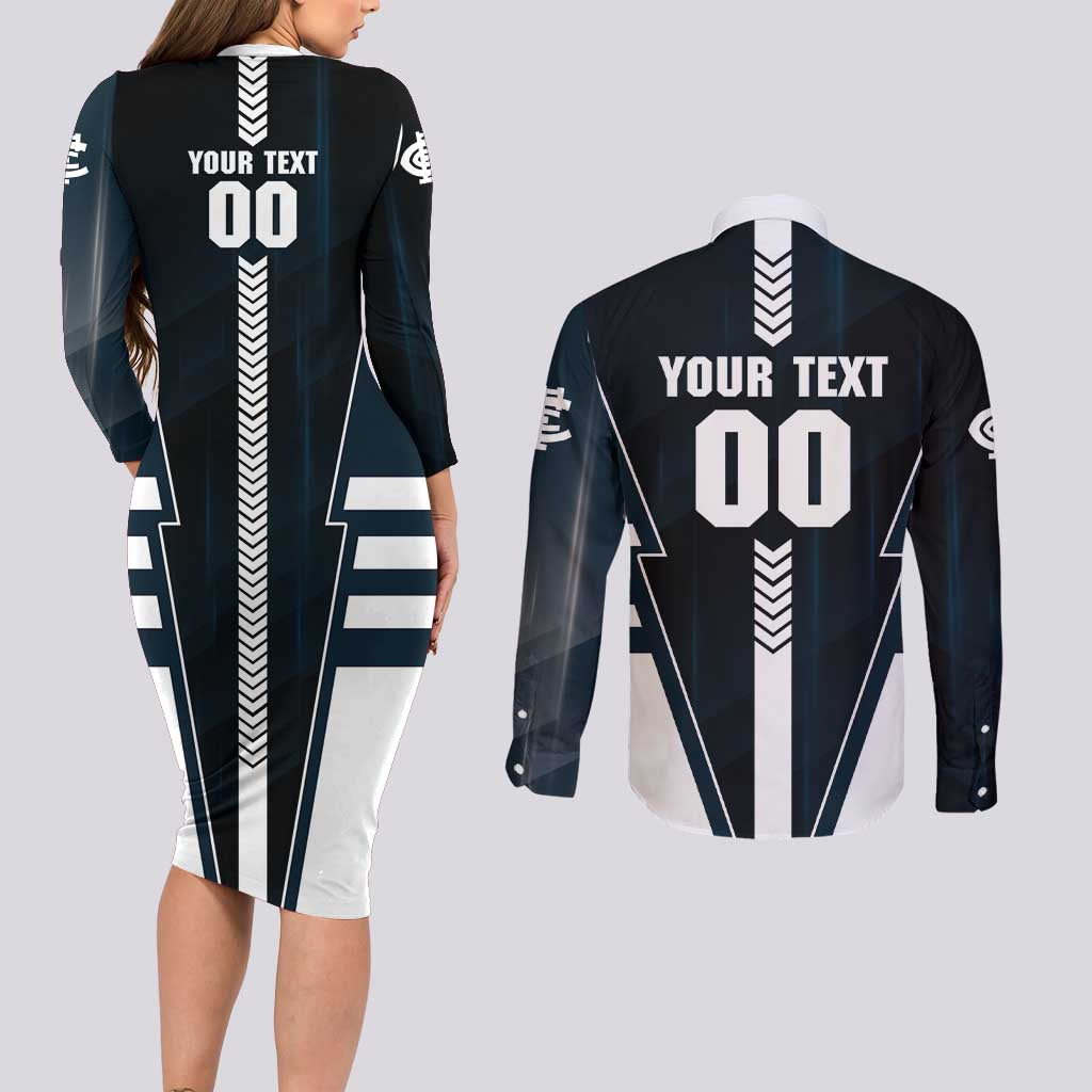 Personalized Carlton Blues Couples Matching Long Sleeve Bodycon Dress and Long Sleeve Button Shirt Modern Geometric Sports Graphic Style