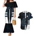 Personalized Carlton Blues Couples Matching Mermaid Dress and Hawaiian Shirt Modern Geometric Sports Graphic Style